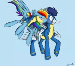 Size: 1024x905 | Tagged: safe, artist:lionessfortune, derpibooru import, rainbow dash, soarin', blushing, clothes, female, kissing, male, shipping, soarindash, straight, uniform, wonderbolt trainee uniform, wonderbolts uniform