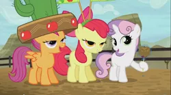 Size: 1280x713 | Tagged: apple bloom, appleoosa's most wanted, cactus hat, cutie mark crusaders, derpibooru import, giant hat, hat, out of context, safe, scootaloo, screencap, sweetie belle