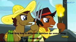 Size: 1665x925 | Tagged: appleoosa's most wanted, beuford, caption, derpibooru import, image macro, mccree, meme, pitchfork, safe, screencap, text, torch