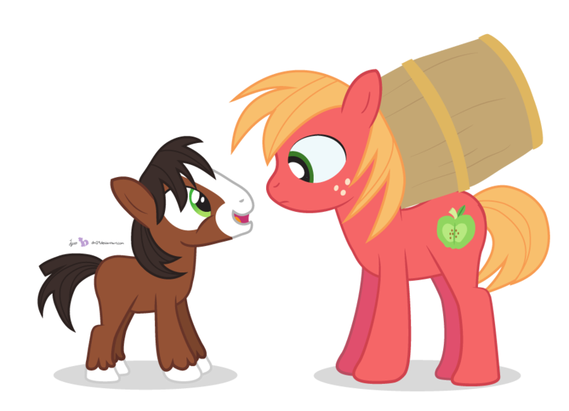 Size: 900x650 | Tagged: safe, artist:dm29, derpibooru import, big macintosh, trouble shoes, earth pony, pony, appleoosa's most wanted, barrel, colt, cute, duo, eye contact, frown, little troubleshoes, looking at each other, male, missing accessory, open mouth, simple background, smiling, stallion, transparent background, troublebetes, younger