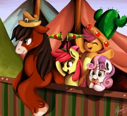 Size: 1024x932 | Tagged: apple bloom, appleoosa's most wanted, artist:shivall, cactus hat, cutie mark crusaders, derpibooru import, giant hat, hat, safe, scootaloo, sweetie belle, trouble shoes