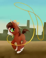 Size: 1600x2036 | Tagged: appleoosa's most wanted, artist:viwrastupr, colt, cute, derpibooru import, grin, lasso, little troubleshoes, male, mouth hold, raised hoof, raised leg, rope, safe, smiling, solo, squee, troublebetes, trouble shoes, younger