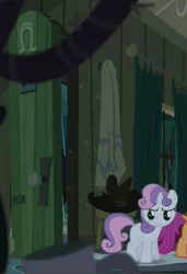 Size: 408x598 | Tagged: safe, derpibooru import, screencap, scootaloo, sweetie belle, pegasus, pony, unicorn, appleoosa's most wanted, angry, cropped, fourth wall, freeze frame bonus, looking at you, sweetie belle is not amused, unamused