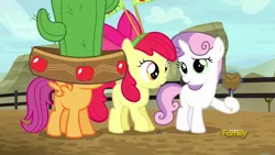 Size: 1280x720 | Tagged: apple, apple bloom, appleoosa's most wanted, cactus hat, candy apple (food), caramel apple (food), caramel flavouring, cutie mark crusaders, derp, derpibooru import, food, giant hat, hat, safe, scootaloo, screencap, sweetie belle
