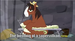Size: 854x468 | Tagged: safe, derpibooru import, edit, edited screencap, screencap, trouble shoes, earth pony, pony, appleoosa's most wanted, caption, cot, discovery family logo, hat, image macro, jail, male, solo, stallion, supervillain, text