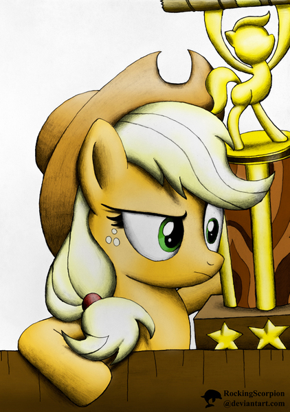 Size: 844x1200 | Tagged: applejack, appleoosa's most wanted, artist:rockingscorpion, derpibooru import, safe, solo, trophy