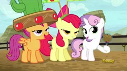 Size: 1280x720 | Tagged: apple, apple bloom, appleoosa's most wanted, cactus hat, candy apple (food), caramel apple (food), caramel flavouring, cutie mark crusaders, derpibooru import, food, giant hat, hat, safe, scootaloo, screencap, sweetie belle