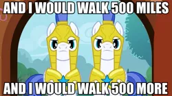 Size: 895x500 | Tagged: safe, derpibooru import, edit, edited screencap, screencap, pony, 500 miles, armor, caption, i'm gonna be, image macro, male, meme, royal guard, song reference, stallion, text, the proclaimers