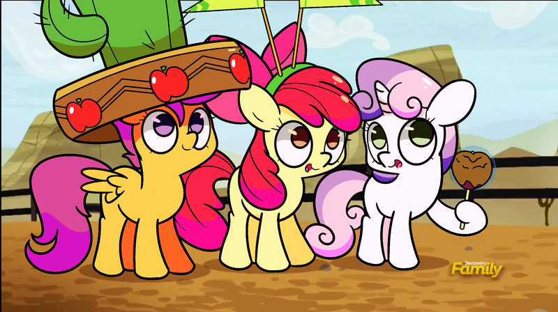 Size: 2000x1120 | Tagged: safe, artist:turtlefarminguy, derpibooru import, apple bloom, scootaloo, sweetie belle, earth pony, pegasus, pony, unicorn, appleoosa's most wanted, apple, cactus hat, candy apple (food), cutie mark crusaders, female, filly, food, giant hat, hat, open mouth, scene interpretation, smiling