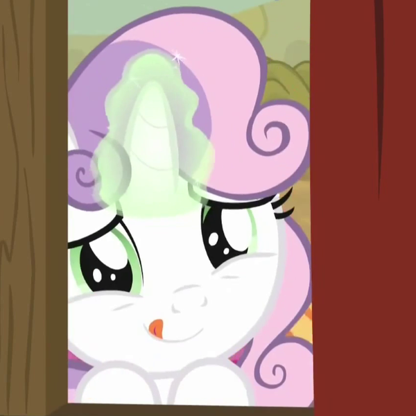Size: 640x640 | Tagged: safe, derpibooru import, screencap, sweetie belle, pony, unicorn, appleoosa's most wanted, cute, determined, diasweetes, female, filly, glow, glowing horn, horn, magic, magic aura, solo, sweetie belle's magic brings a great big smile, tongue out
