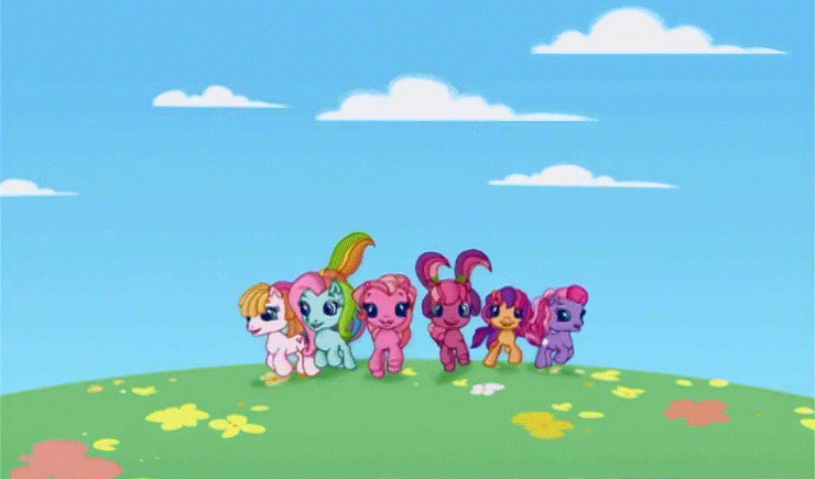 Size: 740x435 | Tagged: animated, cheerilee (g3), derpibooru import, g3.5, intro, it's coming right at us, jumping, looking at you, pinkie pie (g3), rainbow dash (g3), safe, scootaloo (g3), screencap, starsong, toola roola