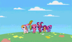Size: 740x435 | Tagged: animated, cheerilee (g3), derpibooru import, g3.5, intro, it's coming right at us, jumping, looking at you, pinkie pie (g3), rainbow dash (g3), safe, scootaloo (g3), screencap, starsong, toola roola