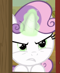 Size: 577x699 | Tagged: adorably evil, animated, appleoosa's most wanted, cute, derpibooru import, diabetes, diasweetes, evil, magic, safe, screencap, sweetie belle, sweetie belle's magic brings a great big smile