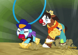 Size: 1005x716 | Tagged: safe, derpibooru import, screencap, trouble shoes, earth pony, pony, appleoosa's most wanted, animated, chase, clothes, clown, clown nose, duo, eyes closed, frown, galloping, gritted teeth, hehe helium, high octane nightmare fuel, loop, makeup, male, nightmare fuel, open mouth, out of context, rodeo clown, running, screaming, speed lines, stallion