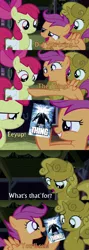 Size: 512x1440 | Tagged: apple bloom, caption, cutie mark crusaders, derpibooru import, john carpenter's the thing, luster dust, movie poster, one bad apple, safe, scootaloo, sweetie belle, sweetie gold, the thing, this will end in tears and/or death and/or covered in tree sap