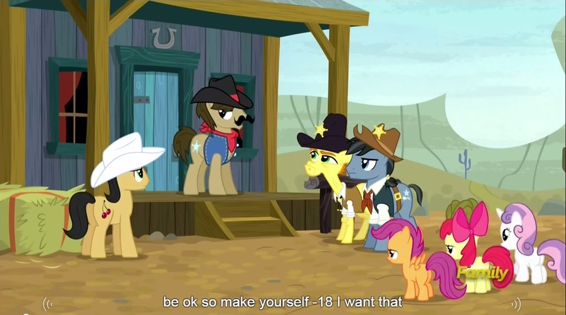 Size: 1281x714 | Tagged: apple bloom, appleloosa resident, appleoosa's most wanted, caption, cherry cola, cherry fizzy, cutie mark crusaders, derpibooru import, edit, edited screencap, fetter keys, meme, safe, scootaloo, screencap, sheriff silverstar, star spur, sweetie belle, youtube caption