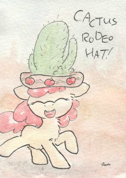 Size: 686x968 | Tagged: apple bloom, appleoosa's most wanted, artist:slightlyshade, cactus hat, derpibooru import, giant hat, hat, safe, solo, traditional art