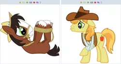 Size: 508x270 | Tagged: appleoosa's most wanted, bondage, braeburn, broken leg, derpibooru, derpibooru import, exploitable meme, frown, gritted teeth, hogtied, injured, juxtaposition, juxtaposition win, legs in air, meme, meta, on back, rope, safe, tied up, trouble shoes, wide eyes, younger