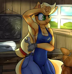 Size: 2900x3000 | Tagged: anthro, applejack, apron, armpits, artist:madacon, breasts, busty applejack, chalkboard, cleavage, clothes, crossover, derpibooru import, female, five nights at freddy's, freddy fazbear, gloves, jeans, pants, safe, solo, sweat, toolbox, when you see it, wrench