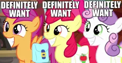 Size: 1150x600 | Tagged: apple bloom, appleoosa's most wanted, bag, caption, cutie mark crusaders, derpibooru import, edit, edited screencap, grin, image macro, meme, reaction image, saddle bag, safe, scootaloo, screencap, smiling, sweetie belle, text, want