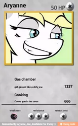 Size: 382x620 | Tagged: safe, derpibooru import, oc, oc:aryanne, unofficial characters only, earth pony, pony, 1337, 666, card, cooking, female, gas, nazi, op, oven, pokémon, rare donkey, smiling, solo, trading card