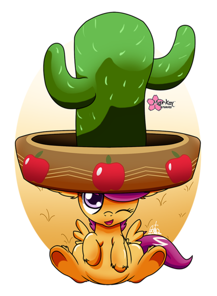 Size: 660x900 | Tagged: appleoosa's most wanted, artist:clouddg, cactus, cactus hat, derpibooru import, giant hat, hat, safe, scootaloo, simple background, solo, sombrero, transparent background