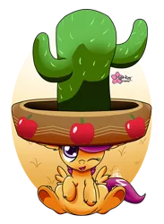 Size: 660x900 | Tagged: appleoosa's most wanted, artist:clouddg, cactus, cactus hat, derpibooru import, giant hat, hat, safe, scootaloo, simple background, solo, sombrero, transparent background