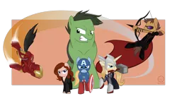 Size: 4200x2400 | Tagged: safe, artist:chameron, derpibooru import, ponified, pony, avengers, black widow (marvel), captain america, hawkeye, iron man, the incredible hulk, thor