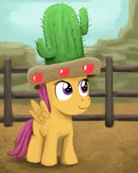 Size: 1280x1601 | Tagged: appleoosa's most wanted, artist:unsavorydom, cactus, cactus hat, cute, derpibooru import, giant hat, hat, safe, scootaloo, smiling, solo