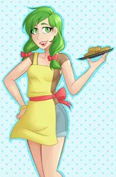 Size: 800x1220 | Tagged: apple family member, apple fritter, apple fritter (food), apron, artist:emberfan11, blue background, bow, clothes, derpibooru import, female, food, hair bow, hand on hip, human, humanized, safe, shorts, simple background, solo, woman