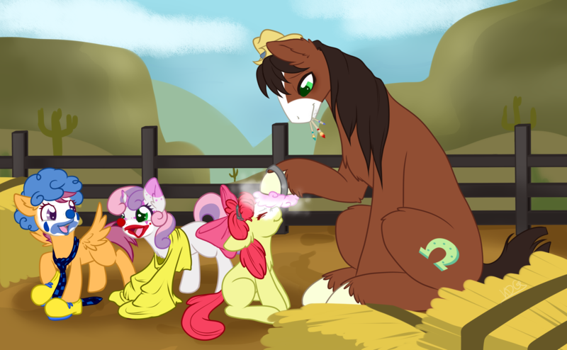 Size: 3365x2078 | Tagged: safe, artist:mondlichtkatze, derpibooru import, apple bloom, scootaloo, sweetie belle, trouble shoes, earth pony, pegasus, pony, unicorn, appleoosa's most wanted, adorabloom, clothes, clown, clown nose, clown shoes, cute, cutealoo, cutie mark crusaders, diasweetes, female, filly, foal, makeup, male, necktie, shirt, shoes, stallion, troublebetes, wig
