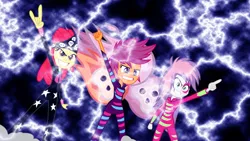 Size: 1920x1080 | Tagged: safe, artist:dachosta, artist:virenth, derpibooru import, apple bloom, scootaloo, sweetie belle, equestria girls, clothes, cutie mark crusaders, devil horn (gesture), insignia, lightning, show stopper outfits, vector, wallpaper