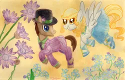 Size: 5069x3254 | Tagged: safe, artist:kelseyleah, derpibooru import, derpy hooves, doctor whooves, time turner, pony, absurd resolution, clothes, dress, flower, forget me not (flower), male, stallion, suit, traditional art, xeranthemum