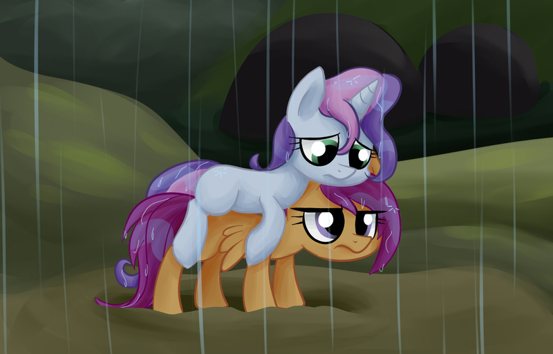 Size: 1722x1102 | Tagged: safe, artist:artoftheghostie, derpibooru import, scootaloo, sweetie belle, pony, appleoosa's most wanted, cute, cutealoo, diasweetes, mud, muddy, ponies riding ponies, rain, riding, sad face, scene interpretation, wet, wet mane