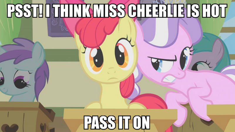 Size: 890x500 | Tagged: apple bloom, aura (character), caption, derpibooru import, diamond tiara, image macro, liza doolots, meme, petunia, safe, screencap, text, tootsie flute