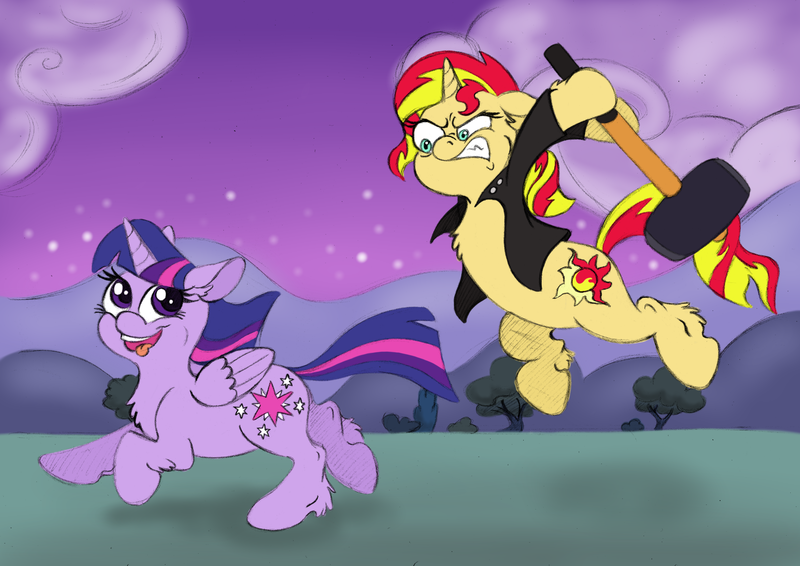 Size: 4961x3508 | Tagged: safe, artist:fuzzbird, derpibooru import, sunset shimmer, twilight sparkle, twilight sparkle (alicorn), alicorn, pony, bipedal, clothes, female, fluffy, hammer, mallet, mare