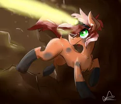 Size: 3500x3000 | Tagged: safe, artist:rayadra, derpibooru import, oc, oc:ruby streak, unofficial characters only, earth pony, pony, cavern, flashlight (object), headlamp, solo