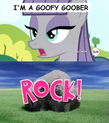 Size: 811x915 | Tagged: derpibooru import, hub logo, i'm a goofy goober, maud pie, rock, safe, spongebob squarepants, the spongebob squarepants movie