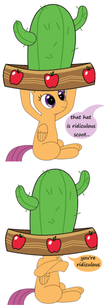Size: 802x2337 | Tagged: appleoosa's most wanted, artist:laserbiskit, cactus hat, comic, crossed legs, derpibooru import, giant hat, hat, implied sweetie belle, offscreen character, safe, scootaloo, simple background, sitting, solo, sombrero, transparent background