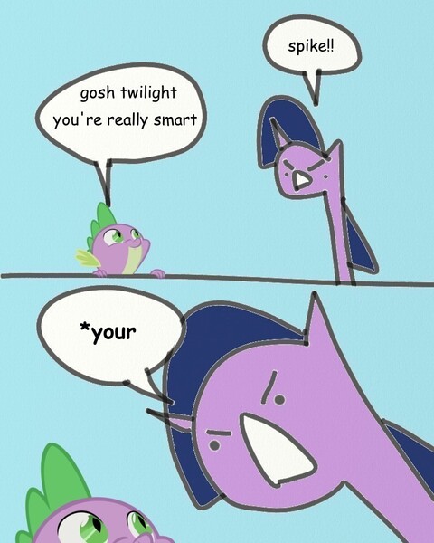 Size: 800x1000 | Tagged: :<, artist:wollap, comic, derpibooru import, frown, glare, grammar error, open mouth, safe, smiling, spike, twilight sparkle, you had one job