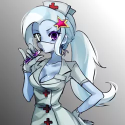 Size: 700x700 | Tagged: safe, artist:weiliy, derpibooru import, trixie, equestria girls, breasts, cleavage, crossover, eyepatch, female, nurse, skullgirls, solo, syringe, valentine (skullgirls)