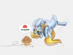 Size: 1280x962 | Tagged: safe, artist:mew, derpibooru import, derpy hooves, pegasus, pony, bait, female, food, mare, muffin, solo, that pony sure does love muffins, trap (device), upside down