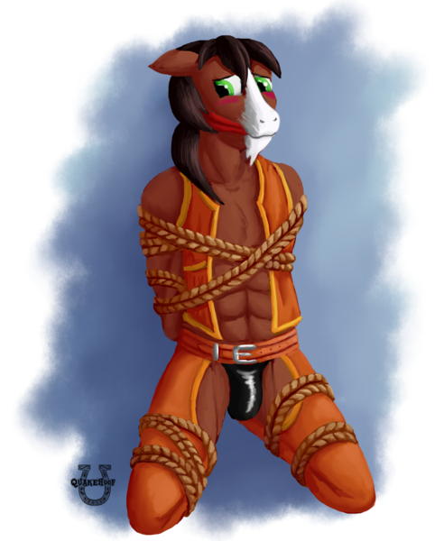 Size: 1103x1344 | Tagged: anthro, appleoosa's most wanted, artist:quakehoof, bare chest, blushing, bondage, chaps, clothes, cloth gag, cowboy vest, crotch bulge, derpibooru import, gag, kneeling, knee tied, male, muscles, partial nudity, questionable, rope, rope bondage, solo, solo male, tied up, topless, trouble shoes, vest