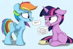 Size: 3188x2139 | Tagged: safe, artist:mistydash, derpibooru import, rainbow dash, twilight sparkle, pegasus, pony, unicorn, blank flank, butts, cup, cute, dashabetes, dialogue, female, grammar error, grocers' apostrophe, looking at each other, mare, nose wrinkle, open mouth, simple background, teacup, twilight is not amused, unamused