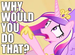 Size: 850x625 | Tagged: caption, d:, derpibooru import, disgusted, frown, horrified, image macro, meme, open mouth, pointing, princess cadance, raised hoof, reaction image, safe, screencap, solo, text, three's a crowd, why would you do that, wide eyes
