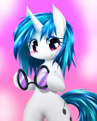 Size: 560x700 | Tagged: safe, artist:hashioaryut, derpibooru import, vinyl scratch, pony, bipedal, blushing, cute, solo, vinyl's glasses, vinylbetes