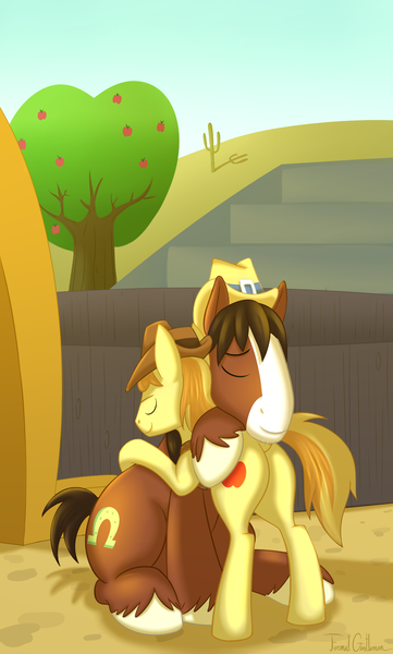 Size: 1246x2072 | Tagged: alternate ending, appleoosa's most wanted, artist:formalgentleman, braeburn, butt, cute, derpibooru import, friends, friendshipping, good end, hug, plot, safe, troublebetes, trouble shoes