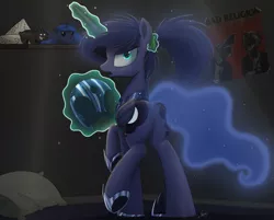 Size: 2000x1604 | Tagged: safe, artist:ncmares, derpibooru import, princess luna, alicorn, pony, ask majesty incarnate, alternate hairstyle, armor, bad religion, blob ponies, butt, cartographer's cap, cute, female, hat, looking at you, looking back, magic, mare, moonbutt, ncmares is trying to murder us, nightmare moon armor, open mouth, plot, ponytail, skippy, skippy the moonrock, solo, too many ponies