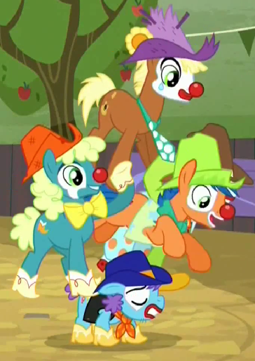 Size: 364x514 | Tagged: safe, derpibooru import, screencap, meadow song, earth pony, pony, appleoosa's most wanted, bootblues, bowtie, clown, clown nose, hehe helium, makeup, male, necktie, pony pile, pony pyramid, rodeo clown, stallion, tower of pony