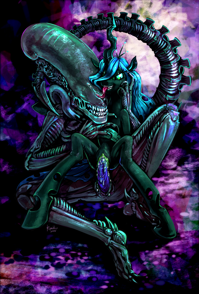Size: 2373x3507 | Tagged: explicit, artist:ripushko, derpibooru import, queen chrysalis, alien, xenomorph, alien (franchise), anus, crossover, crossover shipping, cum, cumming, drool, duo, female, green eyes, image, interspecies, male, nudity, on back, penetration, penis, png, prehensile tail, prehensile tongue, sex, sharp tail, sharp teeth, shipping, sitting, straight, teeth, tongue out, vagina, vaginal, vaginal secretions, watermark, xenophilia